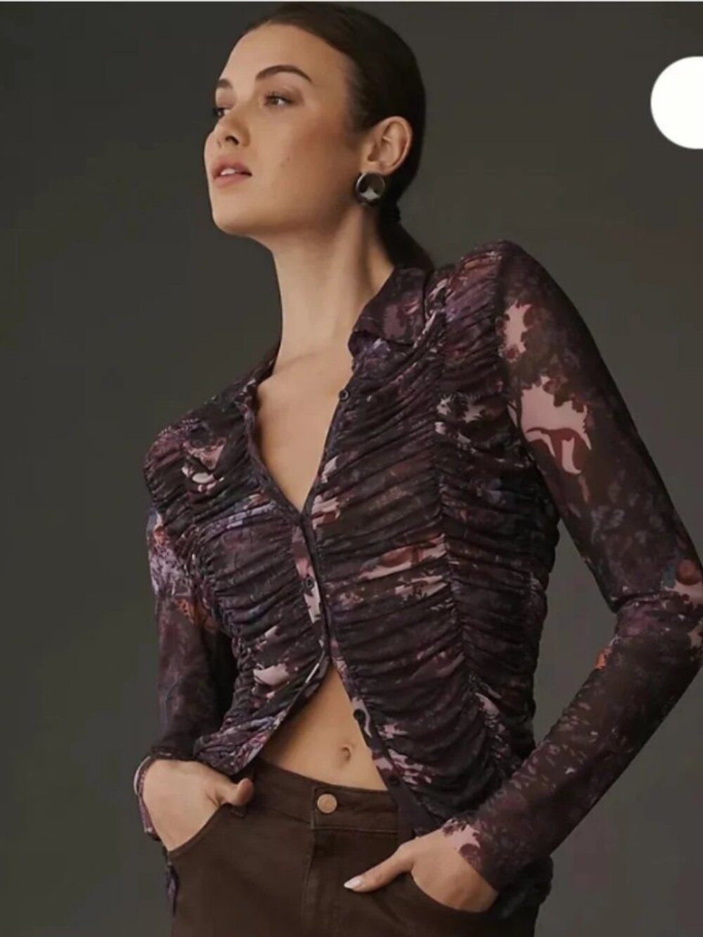 Pilcro Purple Floral Mesh Ruched Buttondown Top M Whimsy Goth Fairycore Y2K